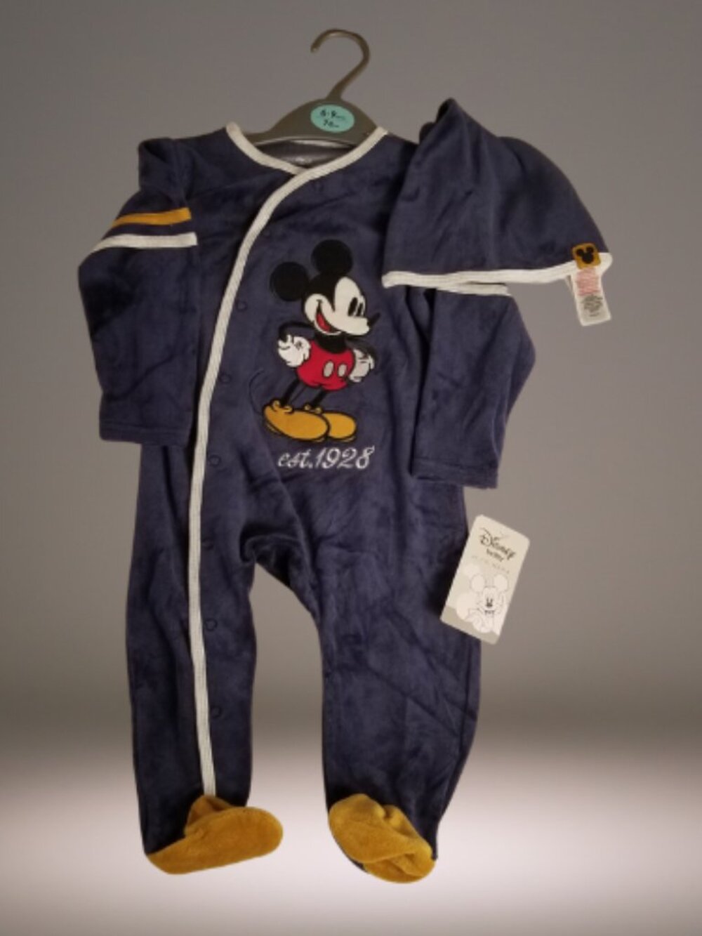 Disney Baby Primark Mickey Mouse 6-9M Velour Footed Sleeper Hat Set NWT
